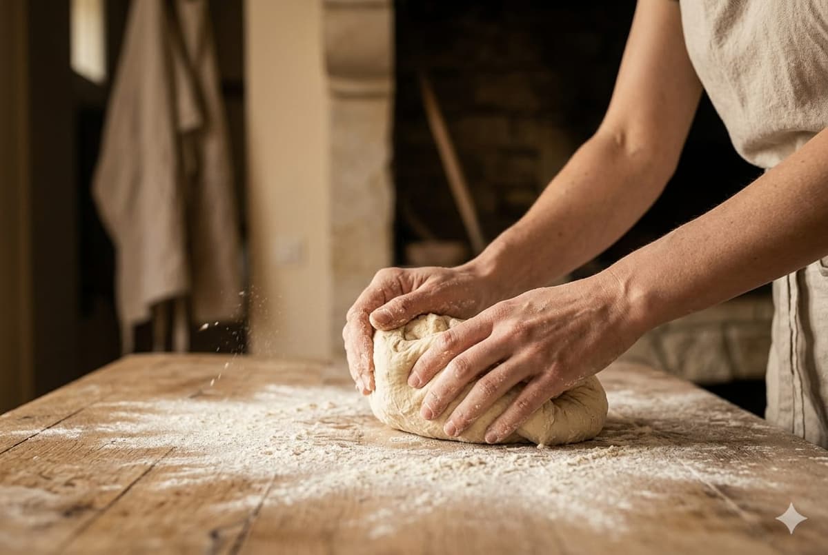 Mains du boulanger qui pétrissent la pâte